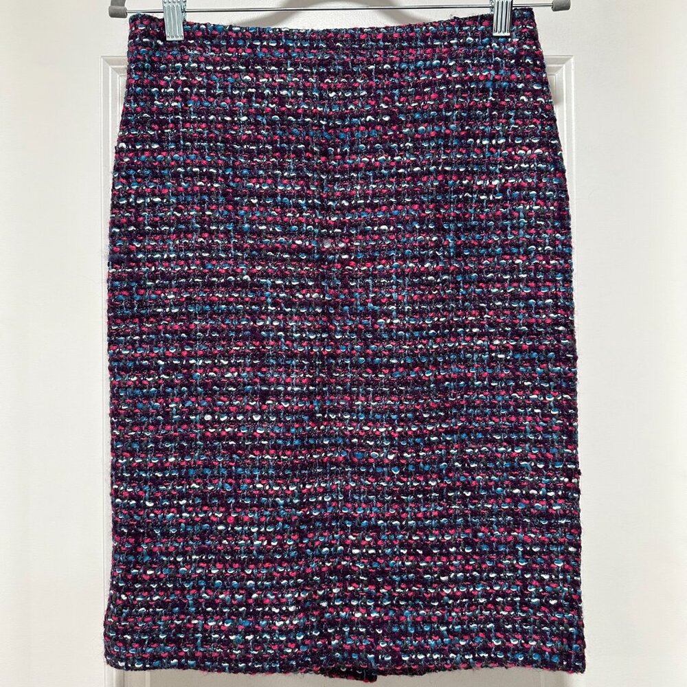 NWT J. Crew Multi Color Purple Pink Blue Tweed Pencil Skirt Size 2